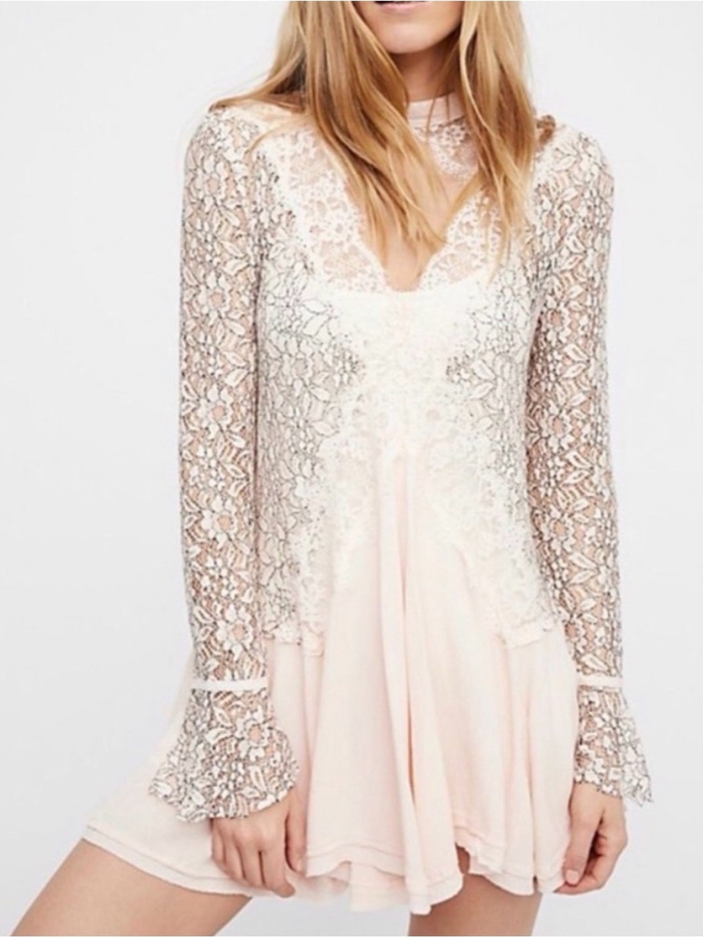 Free People Blush Lace Mini Dress Floral Boho Long Sleeve Size S